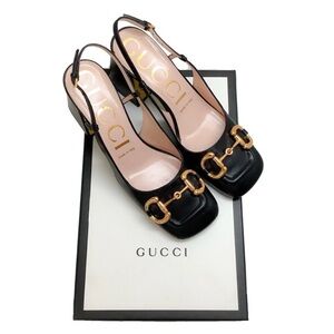 Gucci 37 7 Black Leather Gold Horsebit Mark Jane Pumps Heels Slingback with Box